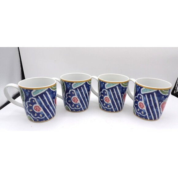 Pfalzgraff Coffee Mugs Set of 4 "Atmosphere" Blue White Stripe & Floral - Picture 2 of 4